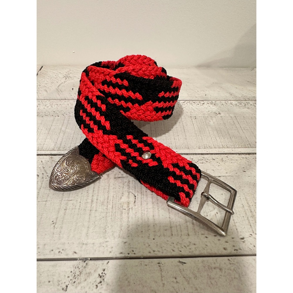 Vintage Maplanie Mexico Woven Braided Belt Red Black Western Engraved Tip GM13